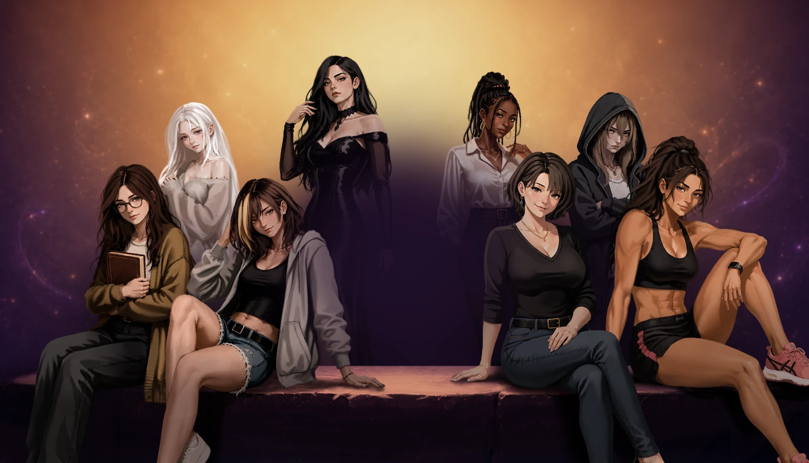 The cast of Another Side gathered around an empty violet-lit center.