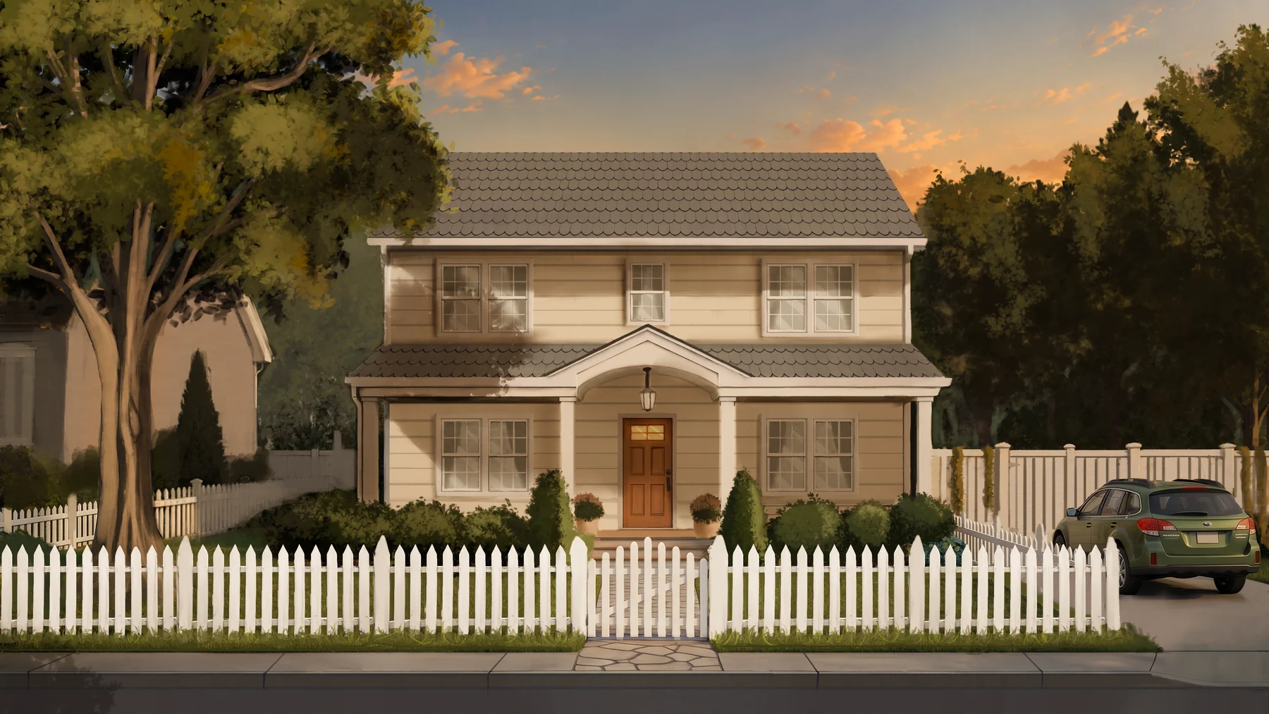 The Whitmore house in Redvale at sunset.