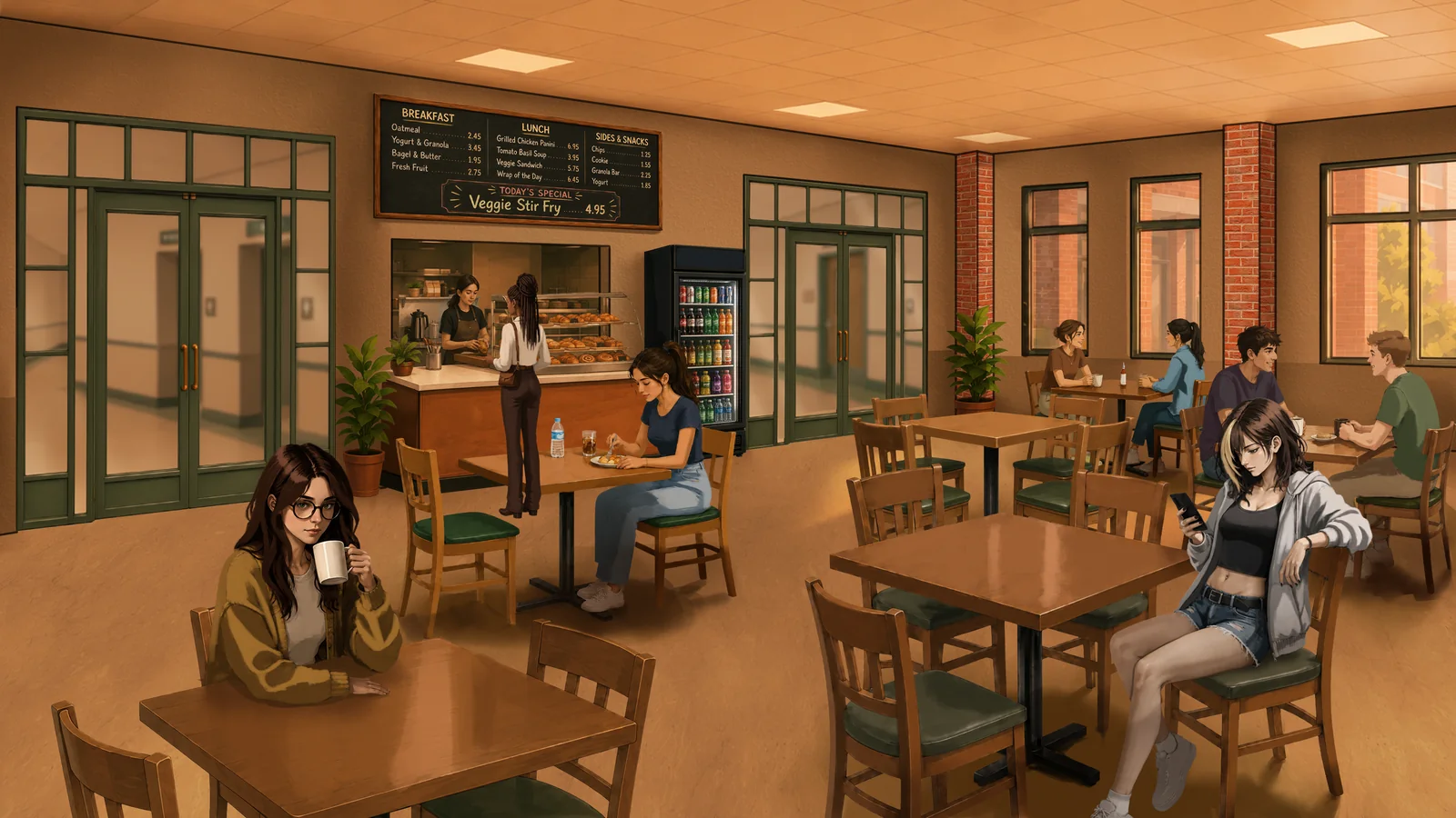 Chloe, Iris, Naomi and other students in the university cafeteria.