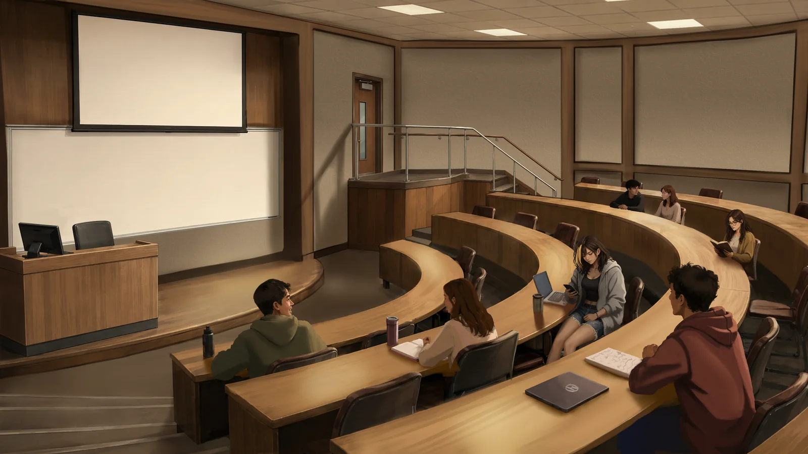 Chloe, Iris and other students in a university classroom.