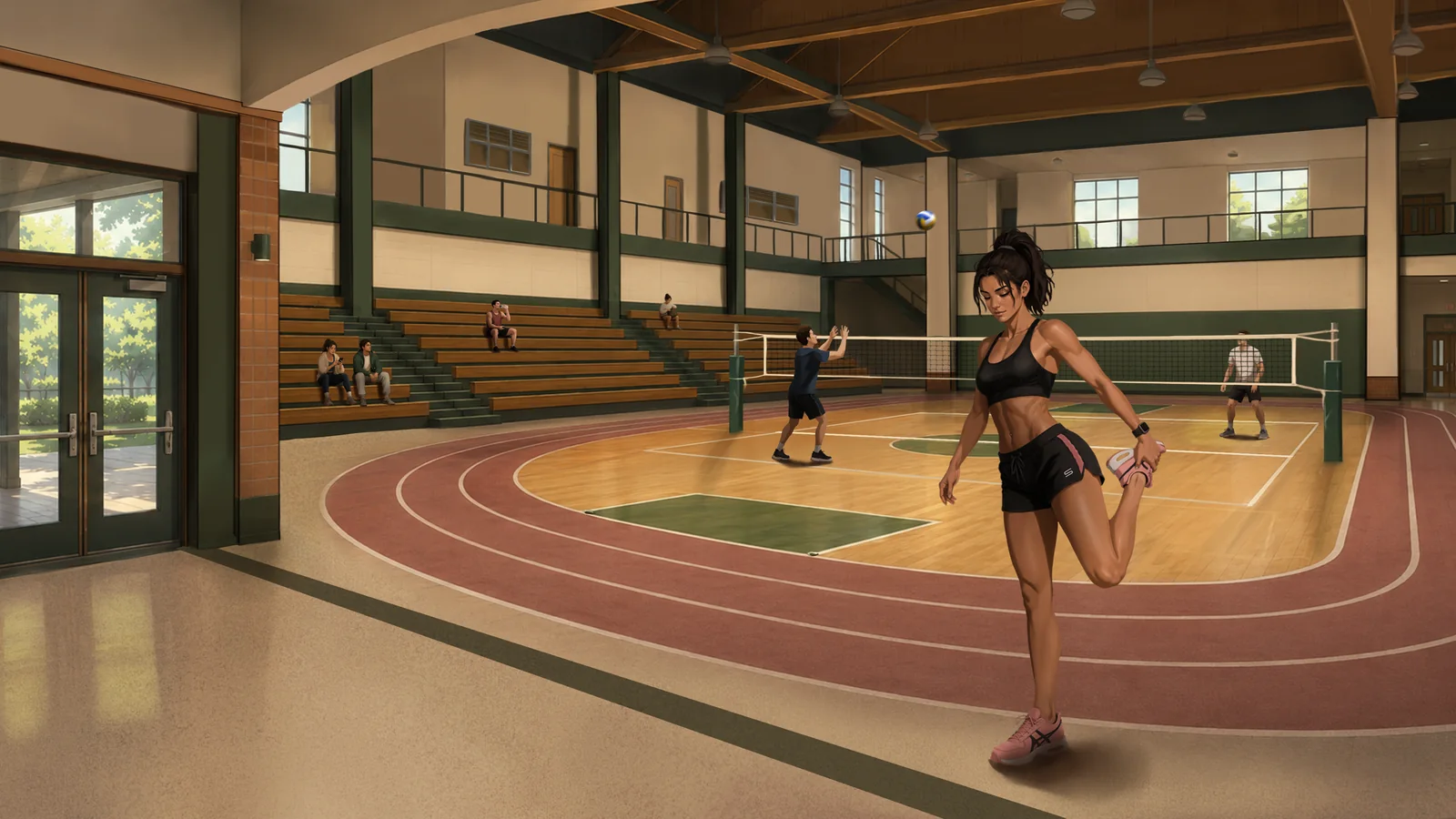 Riley stretching inside the university gym.