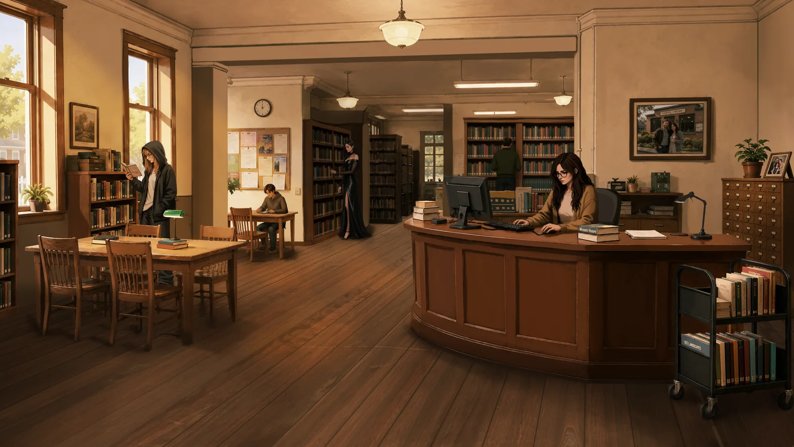 Iris, Lena, Selene and other visitors inside the Redvale library.