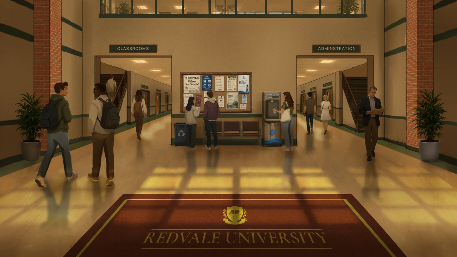 Students crossing the main hall of Redvale University.